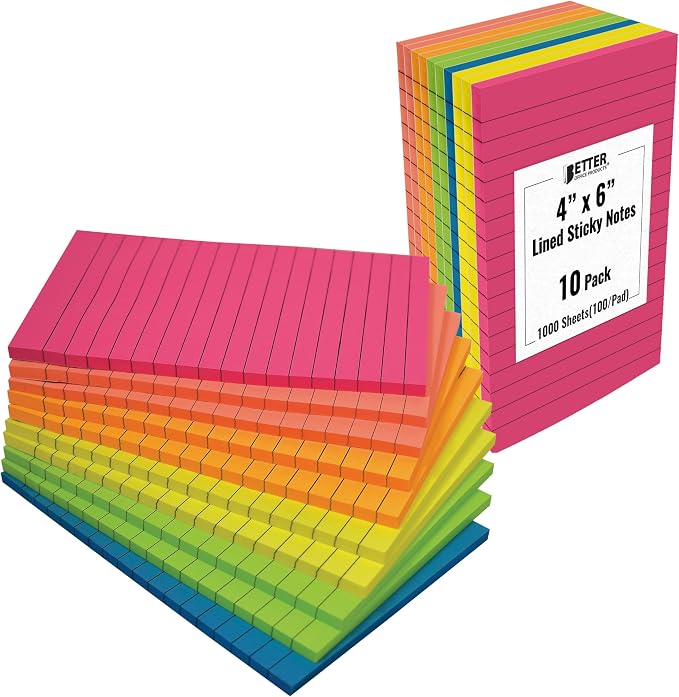 Better Office Products Lined Sticky Notes 4x6, 10 Pack (500 Sheets), Lined Post It Notes 4x6 Assorted Bright Colors, Strong Adhesive, Large Notes for Office School Memos