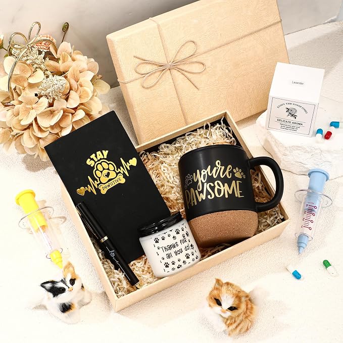 Sayglossy 4 Pcs Veterinary Gift Set Thank You Gift for Vet Tech Veterinary Assistant Animal Lover Pet Groomers Trainer Paw Print Notebook Coffee Mug Scented Candle Pen for Vet Tech Week Dog Sitter