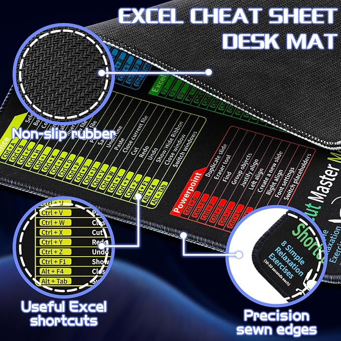 Excel Cheat Sheet Desk Pad - Mouse Pad - Excel Cheat Sheet Desk Mat, Non-Slip Base Mousepad Suitable for Office, Computer Games, Desk Mat and More (11.8" x 9.84")