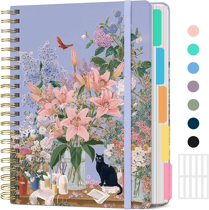 Large Lined Spiral Journal for Women Cute Hardcover 5 Subject Notebook for Work 8.5" x 11" with Removable Dividers & Tabs, College Ruled, 280 Pages Aesthetic Journal for Work, School & Note Taking, Silent Bloom
