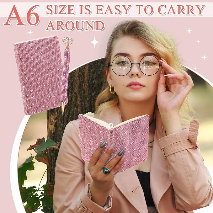 Rhinestone Pen & Glitter Notebook Set, Hard Cover Bling Diary Journal for Girls, Cute School Supplies for Back to School, Sparkly Desk Accessories Gift for Women(Rhinestone,A6,Pink)
