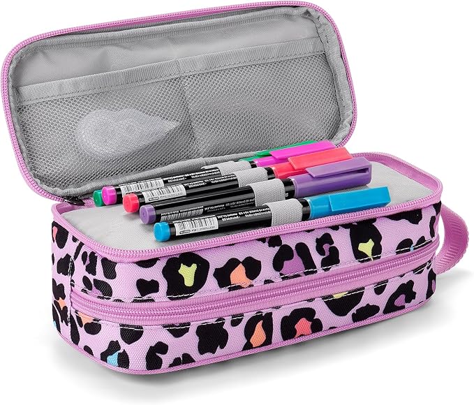 Choco Mocha Girls Pencil Case for Kids, Soft Large Zipper Pencil Pouch for Kids with 2 Compartments Girls Pencil Case for School Leopard Pencil Bag, Cheetah Pink