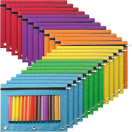 Marspark 48 PCS Pouch Bag for 3 Ring Binder - Bulk Zipper Pencil Binder Pouches with Clear Window for Utensils Storage Supplies(Bright Color)