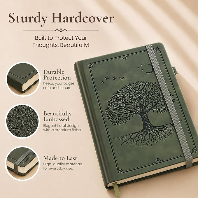 Lined Journal Notebook Hardcover Leather Bound 300 Pages A5 Green Diary | College Ruled 5.7x8.4" Journaling Notebooks for Men & Women, Writing for Personal, Thick Travel Daily Note Book Tree of Life