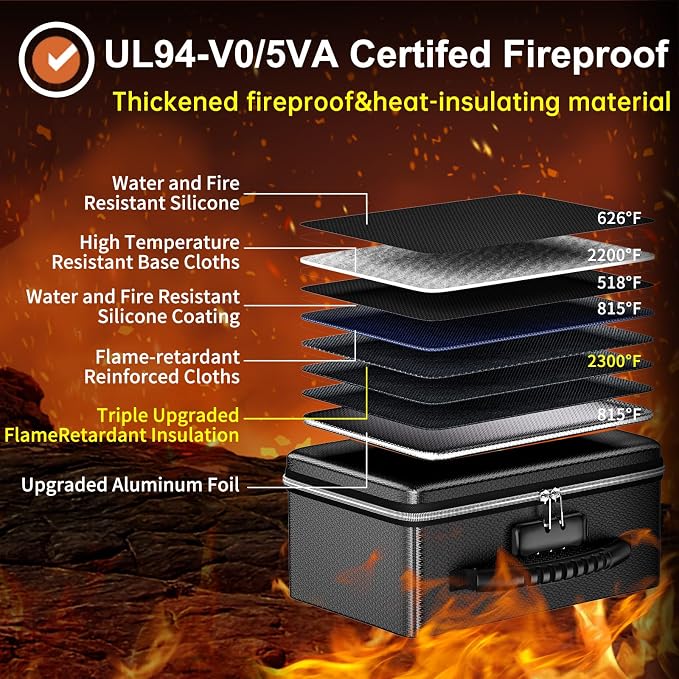 ENGPOW Fireproof Money Box with Lock & Heat-Resistant Fireproof Zipper | 6400°F 12-Layer Fire Protection,Small Hard Case with Multi-Pocket,Portable Home Chest Safe Storage for Money, Jewelry, Black