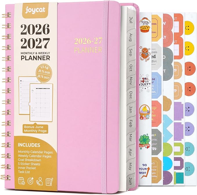 JoyCat Academic Planner 2026-2027, A5 Weekly & Monthly, Pink | July 2026-June 2027 A5 planner combines weekly and monthly layouts, tabs, grid notes and sticker sheets.