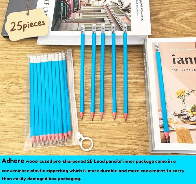 Adhere 25pcs Woodcase Pencils with Eraser Premium Pre-Sharpened Hexagon Graphite 2B pencils ideal for home, office writing including a Free Sharpener