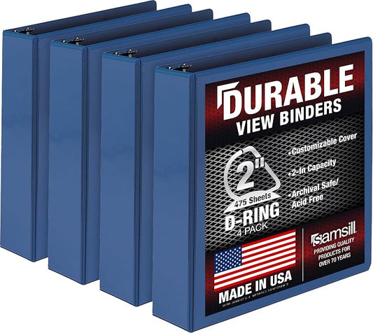 Samsill Durable 2 inch 3 Ring Binder, D Ring Binder, 100% Recycled Chipboard, Blue, 4 Pack