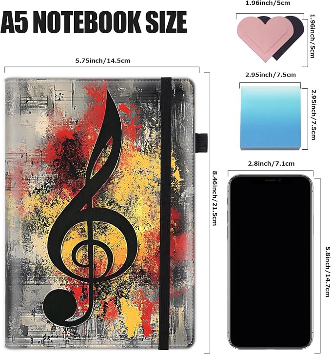 Hardcover Executive Notebooks, A5 PU Leather Lined Journal Notebook, 200 Pages Thick Paper Subject Notebooks for School,Work,Home Writing Business Notebook, Diary Book ，Gold Music Notes