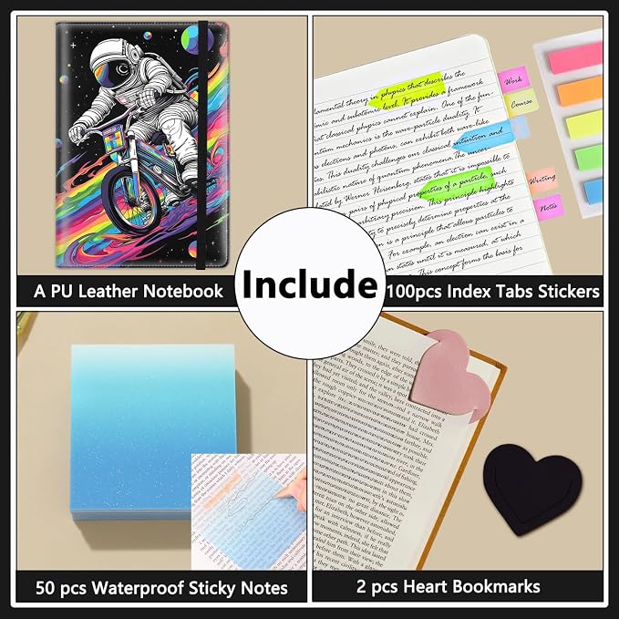A5 Leather Lined Journal Notebook, 200 Pages Hardcover Executive Notebook for Men Women Office School Note Taking,Thick Writing Paper Daily Journal with Bookmarks/Indexes, Astronaut Riding Bicycle
