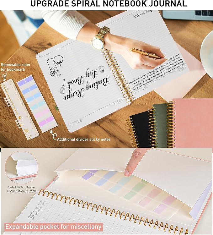 A4 Spiral Notebook Journal 8.5” x 11”, 256 Numbered Pages Hardcover Leather Journals for Women Men, Large Lined College Ruled Notebooks, 100GSM Thick Paper, Spiral Bound Journal for Work School, Pink