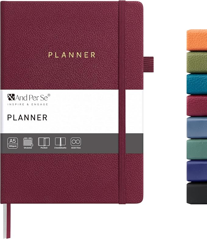 And Per Se Undated Academic Planner, Weekly & Monthly Planner with Goal & Habit Tracker, A5 Hardcover, Dark Red