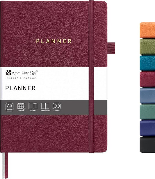 And Per Se Undated Academic Planner, Weekly & Monthly Planner with Goal & Habit Tracker, A5 Hardcover, Dark Red