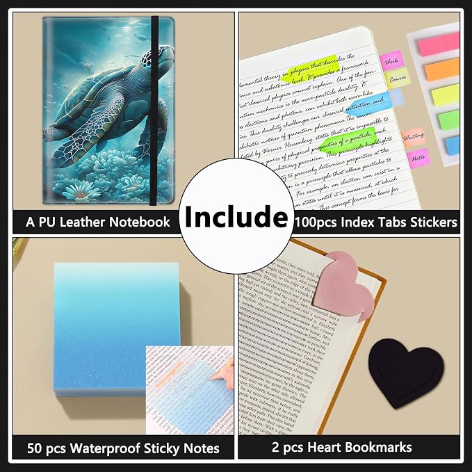 A5 Leather Lined Journal Notebook, 200 Pages Hardcover Executive Notebook for Men Women Office School Note Taking, Thick Writing Paper Daily Journal with Bookmarks/Indexes, Sea Turtle