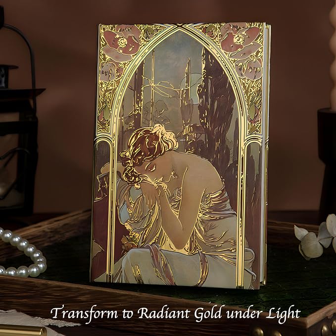 Pretty Notebook, Cute Journal, Journal for Women, Hard Cover Journal Notebooks, 5x7 Small Beautiful Journal, Fancy Notebook, Alphonse Mucha Night's Rest, Gilded Aesthetic Notebook.
