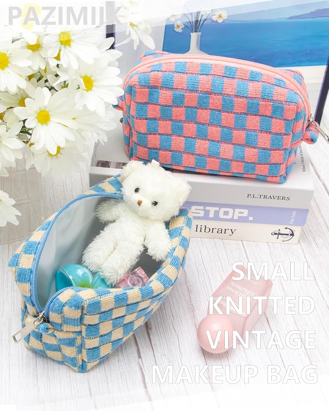 Checkered Makeup Bag for Purse, Small Cosmetic Pouch,Blue Beige,2 Pack | Cute Zipper Makeup Organizer for Women, Travel Essentials, Toiletries, Makeup Brushes, Beauty Accessories&Bridesmaid Gifts