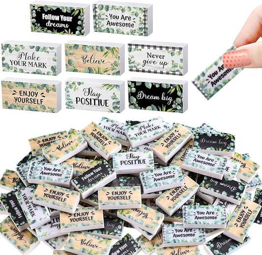 Dunzoom 100 Pcs Back to School Inspirational Pencil Erasers Bulk for Kids Fun Motivational Eraser School Office Supplies for Students Classroom Office Teacher Artists(Eucalyptus Leaf)