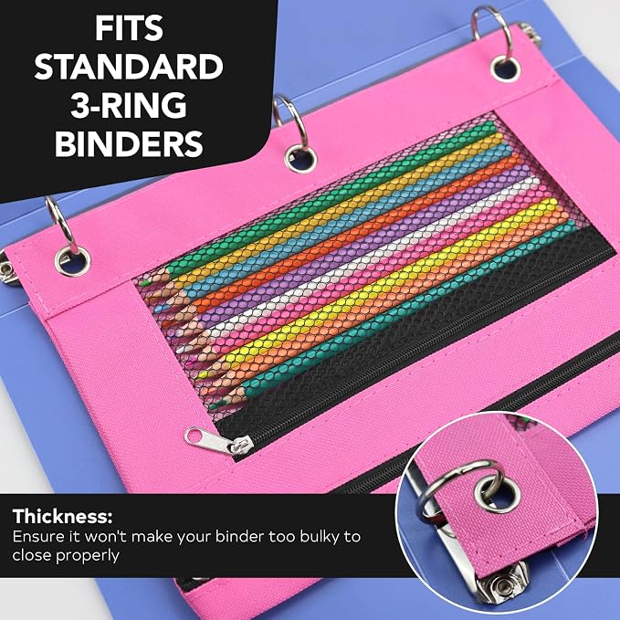 3 Ring Pencil Pouch for Binder, 2-Pocket Zipper Pencil Case with Clear Window & Mesh Pocket, Heavy Duty 600D Oxford Fabric Binder Pouch for School Office Supplies, Fits Standard 3-Ring Binders, Pink