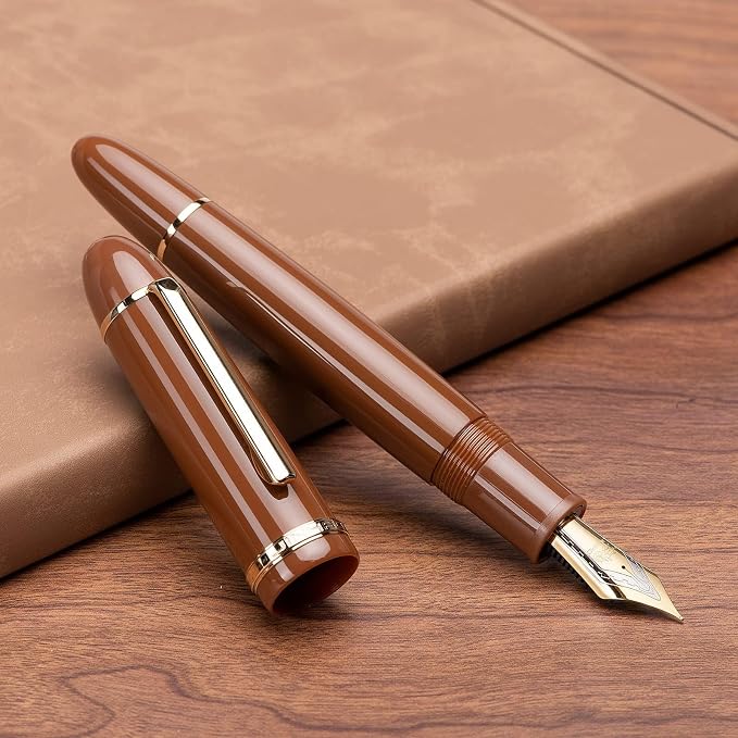 Jinhao X159 Brown Acrylic Fountain Pen, Size 8 Medium Nib Gold Trim Classic Design Smooth Writing Pen with Converter