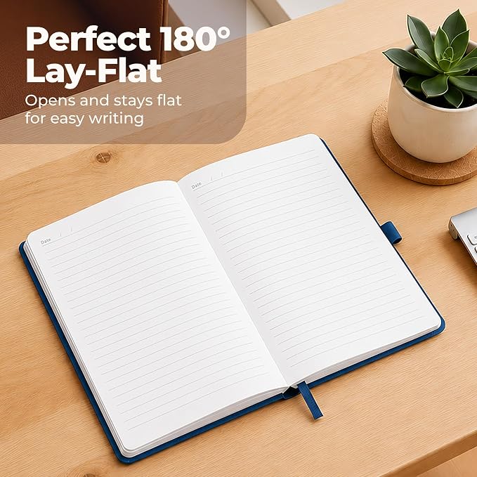 A5 Lined Leather Bound Writing Journal Blue Notebook 300 Pages 5.8x8.3" | Leather bound journal for men, journals for writing, mens notebook. Thick lined pages for work and daily journaling.