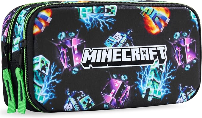 Get Trend Minecraft Pencil Case for Boys, Pencil Pouch with 2 Zipped Compartments, Back-to-School Marker & Pen Case, Organizer for School Supplies, Stationery, Gamer Gifts (Black/Multi Minecraft)