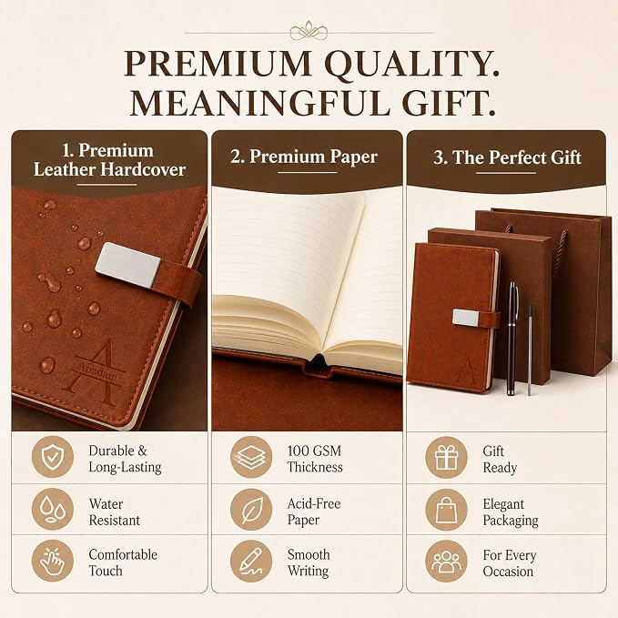 CRME Personalized Leather Journal with Pen and Gift Box,Custom Name Engraved A5 Hardcover Notebook for Work Business Travel,Personalized Notebook and Pen Set for Men Women,5.8"x 8.3",Brown