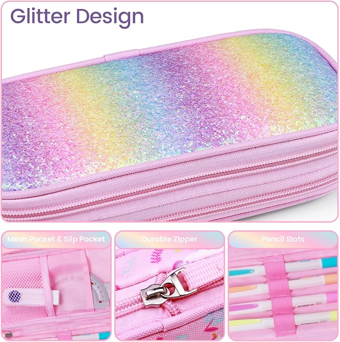 Bagseri 2 Pack Pencil Case for Girls - Expandable Cute Pencil Pouch for Kids Large Capacity Pencil Bag Organizer for School (Purple Mermaid and Pink Unicorn)