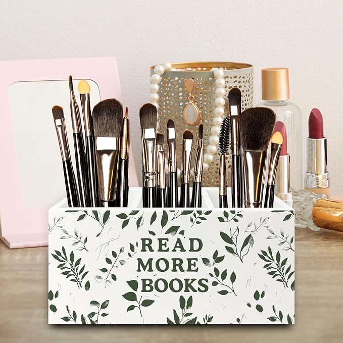 Reading Room Decor Pen Pencil Holder Organizer for Desk, Read More Books Botanical Wooden Box Signs Decorations for Reading Nook Corner Room Library Desk Tabletop, Book Lover Reader Gifts