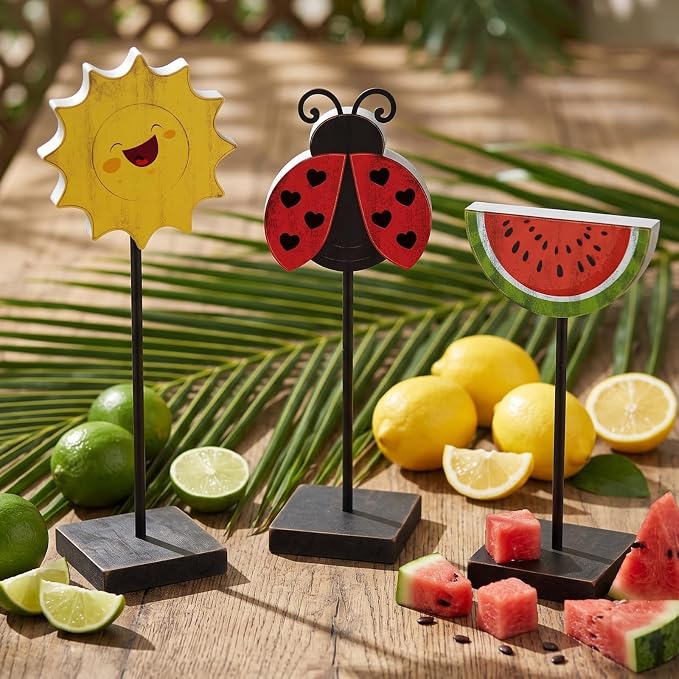 3 Pcs Summer Table Decor Wooden Watermelon Ladybug Decorations Standing Watermelon Decor Summer Table Centerpiece Rustic Farmhouse Sign for Home Kitchen Office Beach Party