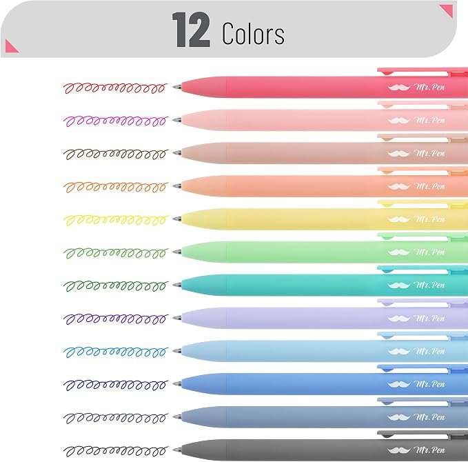 Mr. Pen- Retractable Gel Pens, 12 Pack, Colorful Ink, Fine Point 0.7mm | Fast Dry, Smooth Writing, Cute Pens for Drawing, Writing Planner and School Supplies