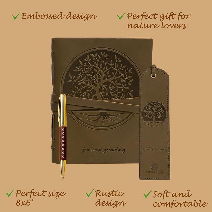Leather Bound Journal for Men and Women, Handmade Gift Set with Tree of Life Embossed Journal and Stylish Pen, Vintage and Classic, Notebook, Sketchbook, Planner and Diary (300 Pages) (8x6")