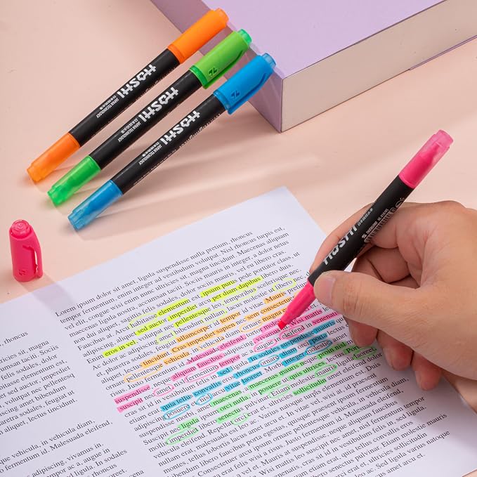 Hoshi 5PCs Premium Fluorescent Dual Tip Highlighters, Assorted Aesthetic Colors Highlighter Set, High Ink Capacity, No Bleed, Quick Dry for Arts, Craft Projects