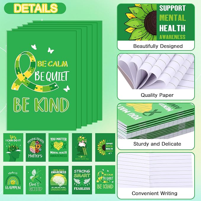 30 Pcs Mini Mental Health Notepads Small Memo Pad Notepads Bulk Mental Health Awareness Green Ribbon Pocket Notebooks, 10 Styles