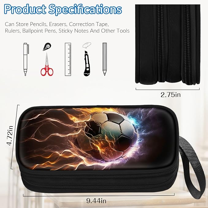TILYTADLY Large Pencil Case for Boys - Soccer Boys Pencil Pouch with Zipper Compartments - Big Capacity Pen Box Pen Bag Organizer with Keychain for Kids Teens School