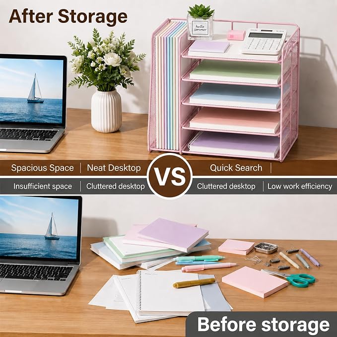 OPNICE Desk Organizer, 5-Tier Paper Organizer Letter Tray with Magazine Holder, Office Desk Accessories & Workspace Organizers, Desktop File Organizer for Office Supplies Storage, Pink