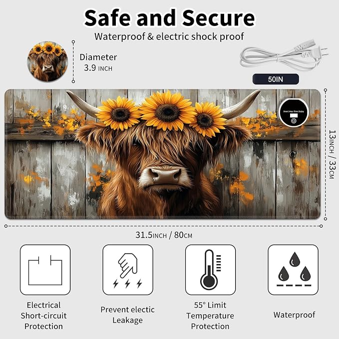 Warm Desk Pad,Heated Desk Pad,Office Mat,3 Heating Levels & 3 Hours Auto Shut-Off,31.5"*13" Gaming Mouse Laptop Keyboard Leather Desk Mat,Highland Cow Wood