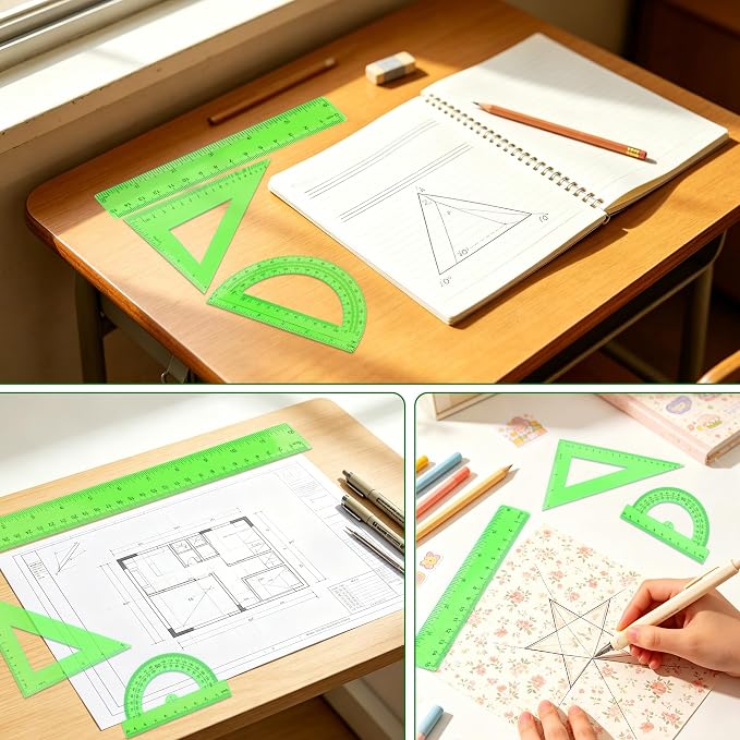 Plastic Clear Ruler Math Set - 6'' 12'' Transparent Straight Ruler, 4'' 6'' Protractor, 30/60 & 45/90 Triangle Ruler, Geometry Math Measuring Tool for School Home Office Drawing Teachers Kids Green