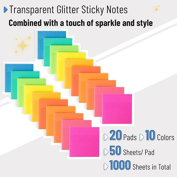 Mr. Pen- Transparent Glitter Sticky Notes, 3”x3”, 20 Pads, 1000 Sheets | Glitter Transparent Note Pads Bulk, Self-Stick Bible Journaling Sticky Note for Women, Stocky Notes for Bible Journaling
