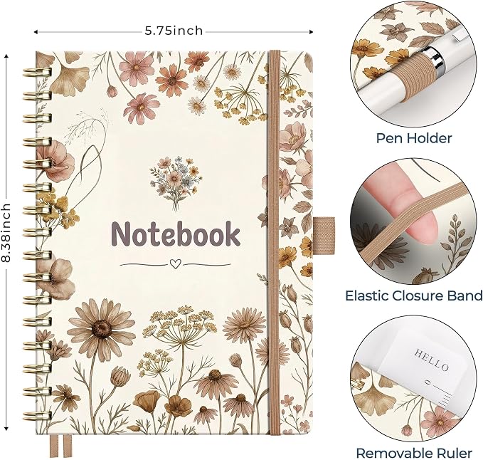 AHGXG Spiral Journal Notebook, 160 Lined Pages, A5 Size (5.7'' x 8.3'') | for Women, Journaling, Writing, Work & Office, Hardcover, 100 GSM Thick Paper (Warm Beige Floral)