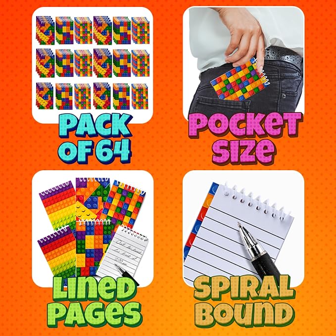Mini Building Block Notebooks (Bulk of 64) Spiral Notepads In Assorted Brick Styles, Mini Notebook For Kids Pocket Size, For Birthday Party Favors, Goodie Bag Stuffers, Children Classroom Rewards