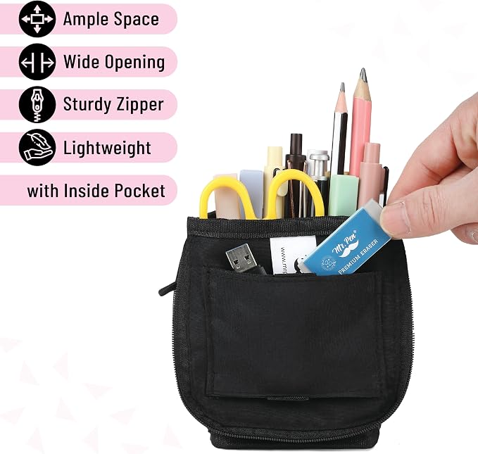 Mr. Pen- Standing Pencil Case Pouch, Sit & Lay Mesh-View Design | Black & Pink, Interior Pocket & 2 Elastic Binder Loops, Cute Pencil Case for Girls and Boys