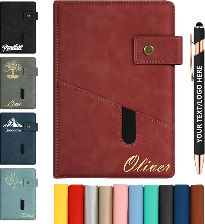 ENOMY Personalized Notebook & 10 PC Pens Set A5 Notebook with Ribbon Bookmark PU Leather Custom Notebook Cover for College Graduation Birthday Business Gifts, Red