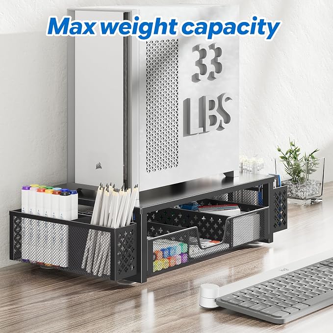 Simple Trending 2-Tier Desk Organizer, Computer Monitor Stand Riser, Black | Metal Laptop & Printer Stand, Desktop Organizer with Drawer & 2 Pen Holders, Anti Slip Pads, 18.5"W x 9.5"D x 4.75"H