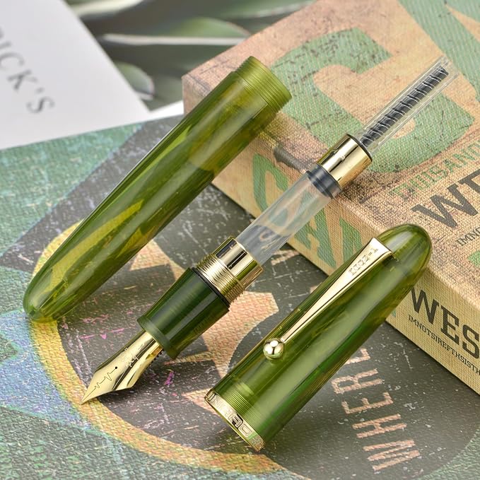 Jinhao 9019 DaDao Series Fountain Pen, Size 8 Medium Cardiogram Nib with Large Ink Converter, Transparent Olive Green Acrylic Design Smooth Writing Pen (Gold Trim)