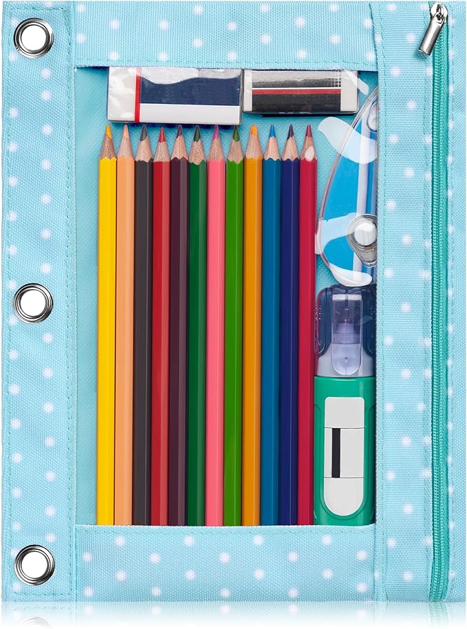 Forvencer Pencil Pouch for 3 Ring Binder, Large Pencil Case Pouch with 3 Reinforced Grommets, Pen Bag, Clear Window Pencil Case, Binder Accessories, Green Polka Dot