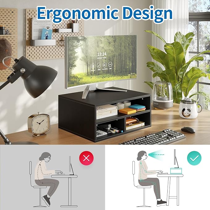 ALISENED Printer Stand for Desk, 2-Tier Wooden Desk Organizer with Adjustable Compartments, Heavy Duty Desktop Stand for Printer Scanner Monitor, Space Saving Office Organization and Storage, Black