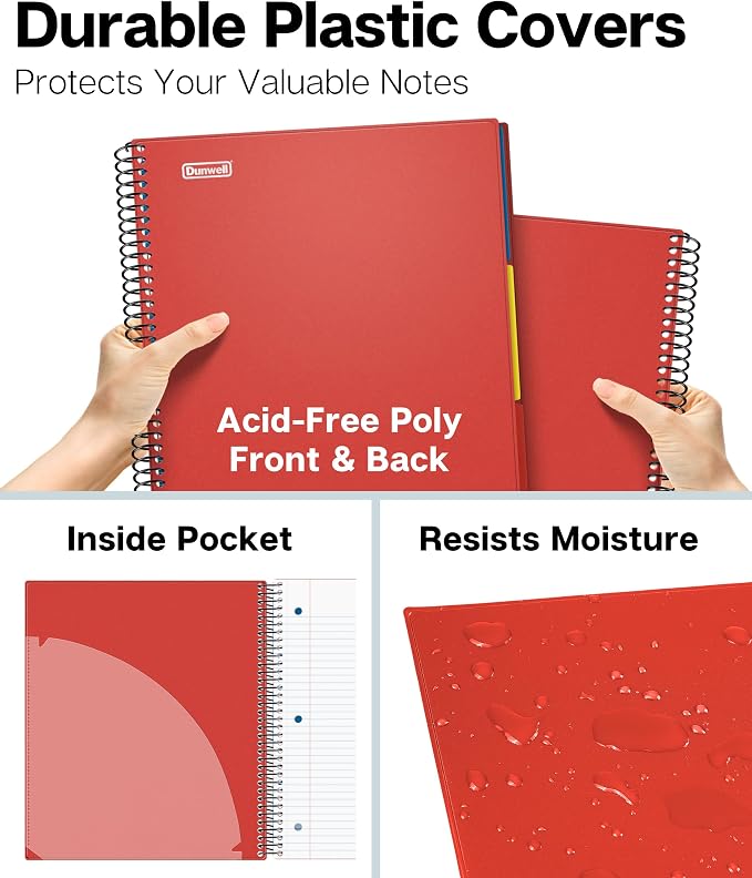 Dunwell 3-Subject Spiral Notebook College Ruled 8.5x11 (Red), 150 Sheets (300 Pages), Tabs, Color Movable Divider Pockets, Protective Plastic Covers, 3-Hole Punched Tear-Off Paper