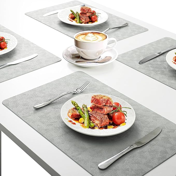 Gray Plastic Placemats Set of 12, Faux Leather Waterproof Table Mats | Light Gray Vinyl placemats,Wipeable and heat resistant table mats.Easy to clean,great for indoor and outdoor