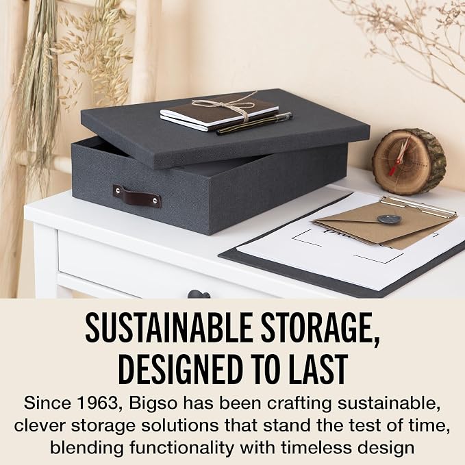 Bigso Oskar Canvas Fiberboard Document Letter Box for Important Paperwork A4 or Letter Size - Durable Keepsake Box with Lid and Leather Handle - 3.3in x 10.2in x 13.8in - Black