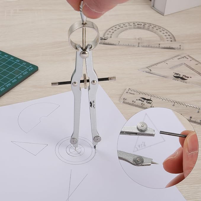 Mr. Pen- Geometry Set, 13 pcs, 3 Metal Compasses, Protractor, 6" Ruler | 45° & 30°/60° Set Squares, Pencils, Lead Refills, Sharpener & Eraser for Math, Drafting & Classroom Use | 45° & 30°/60° Set Squares, Pencils, Lead Refills, Sharpener & Eraser for ...